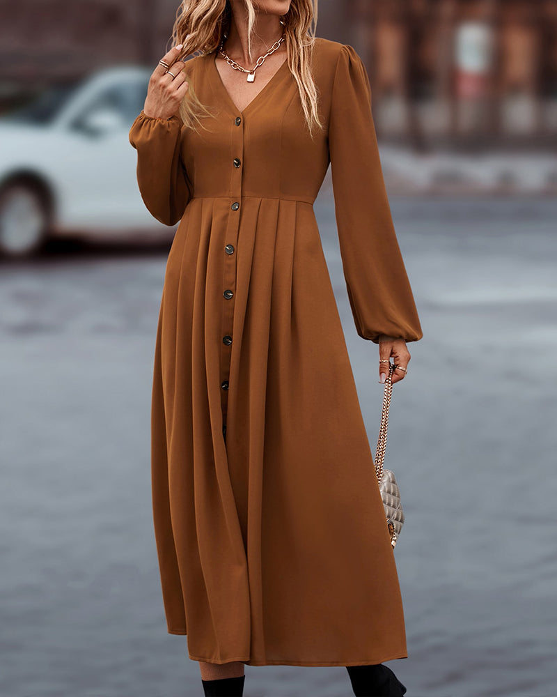 Elegante herfstjurk met lange mouwen en v-hals – Dames