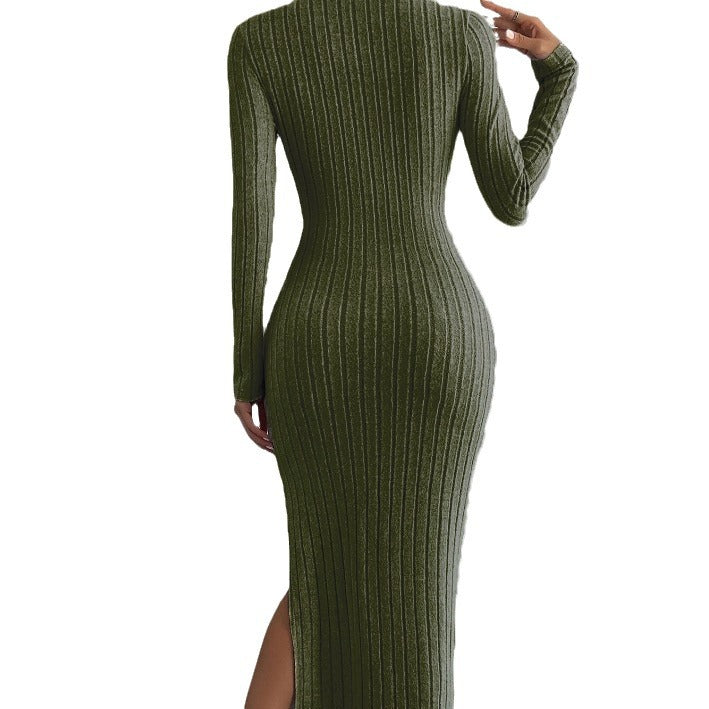 Groene gebreide bodycon midi jurk met split en lange mouwen-Achterkant
