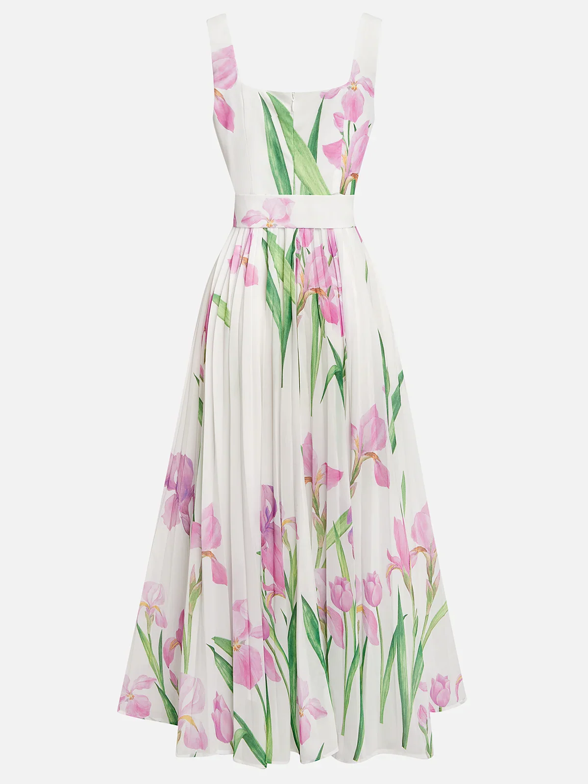 Isabella witte chiffon maxi jurk met bloemenprint en plissé rok