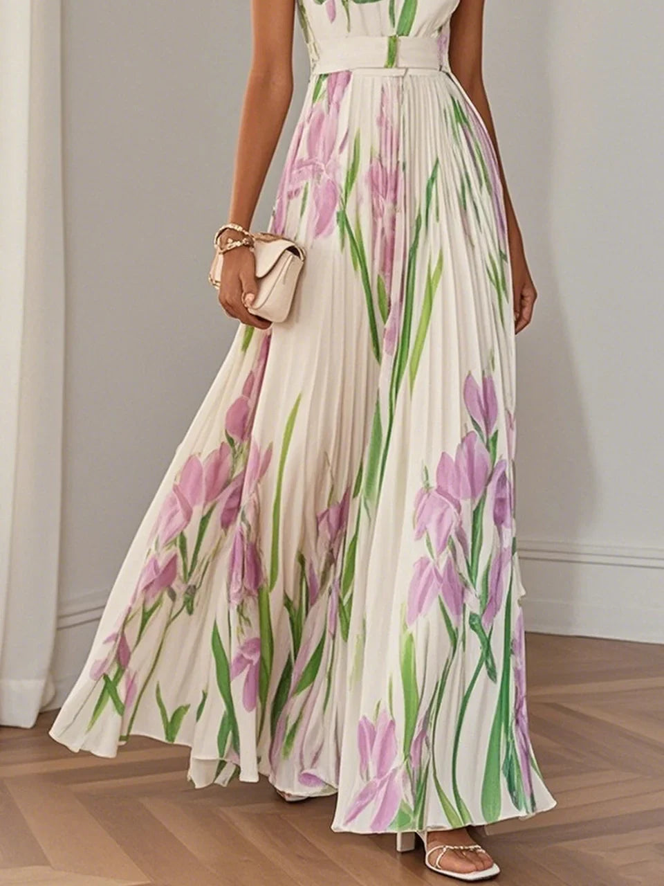 Isabella witte chiffon maxi jurk met bloemenprint en plissé rok