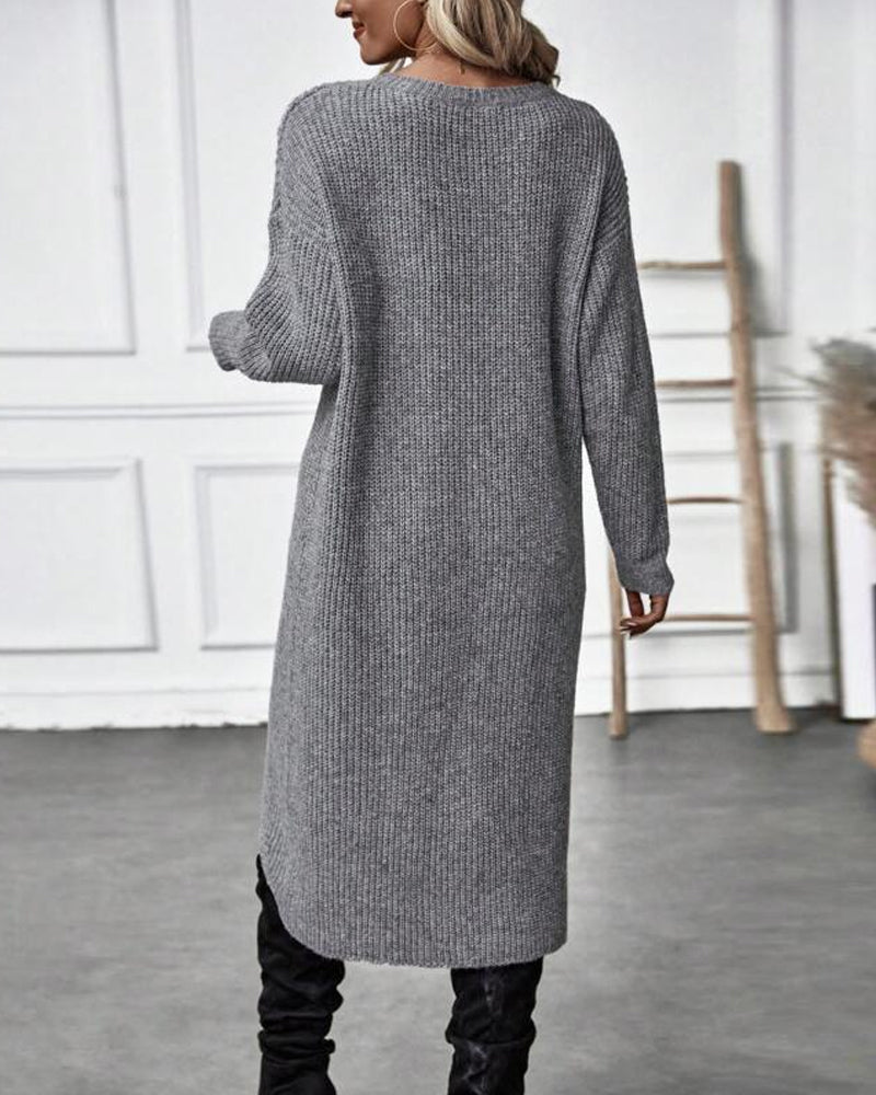 Grijze gebreide overslag jurk met lange mouwen – Ivory & Silk herfstcollectie-achterkant
