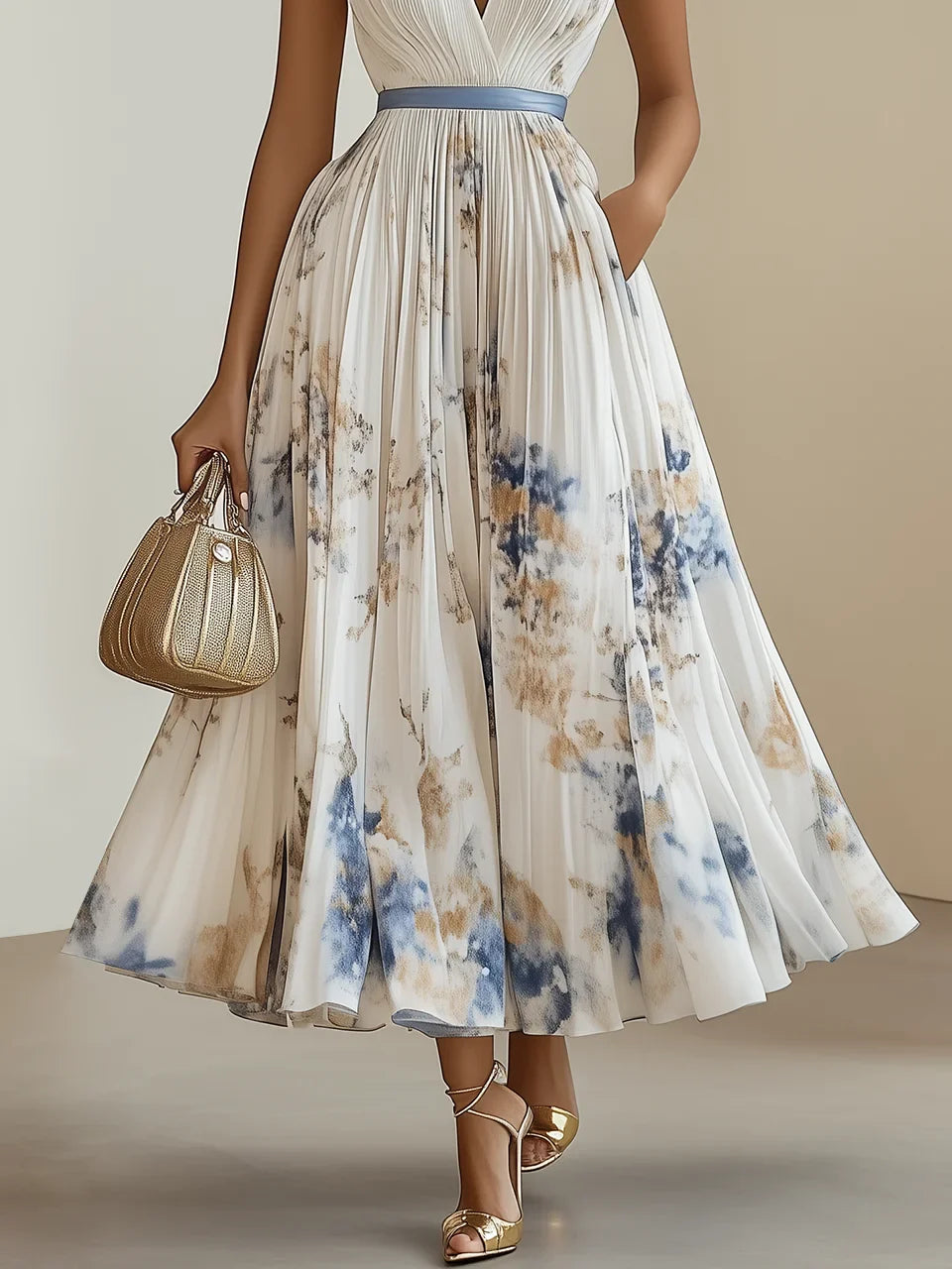 Vivienne plissé midi jurk met V-hals en romantische print in blauw en beige – Ivory & Silk