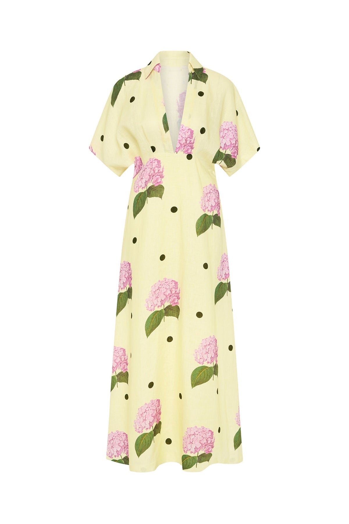 Marisa maxi jurk met Portofino polka dot print en bloemen, gele jurk met V-hals