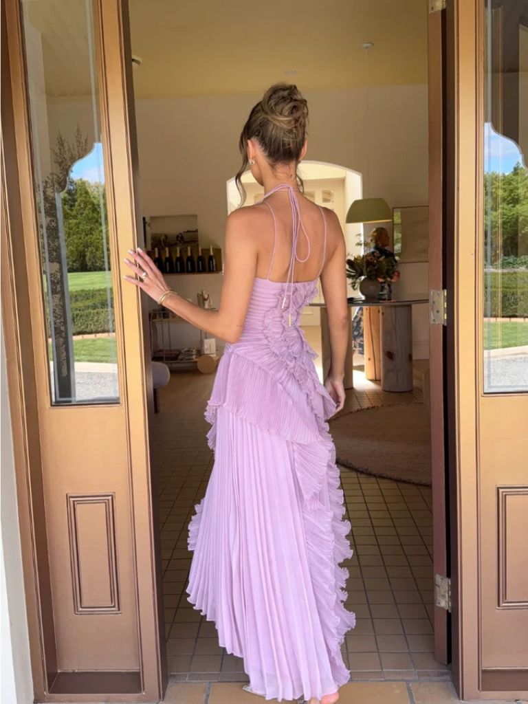 Valeria lila one-shoulder maxi jurk met plissé en ruches