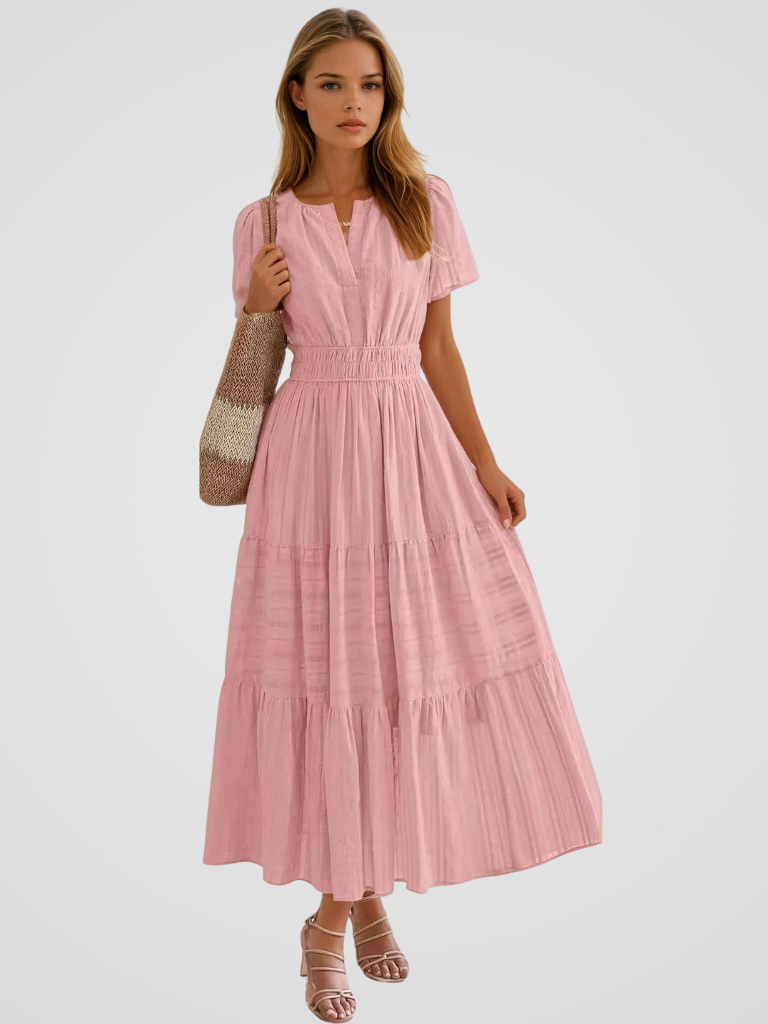 Elise roze katoenen maxi jurk met elastische taill