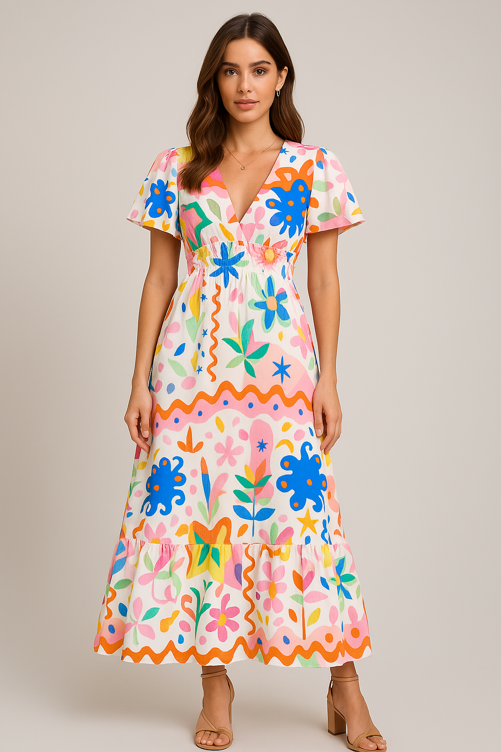 Kleurrijke maxi jurk met bloemenprint, V-hals en korte vlindermouwen – ideaal voor tuinfeesten, vakanties en bruiloften als gast.
