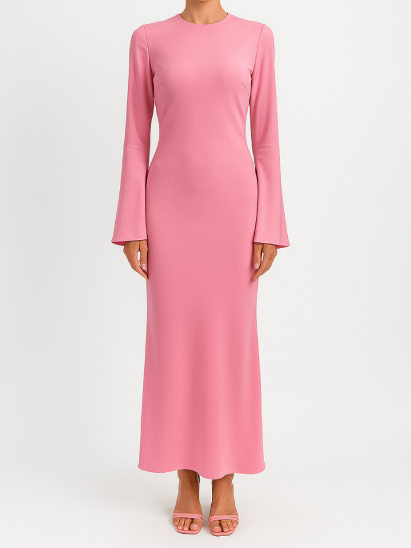 Aurora roze maxi jurk met lange mouwen en luxe uitstraling