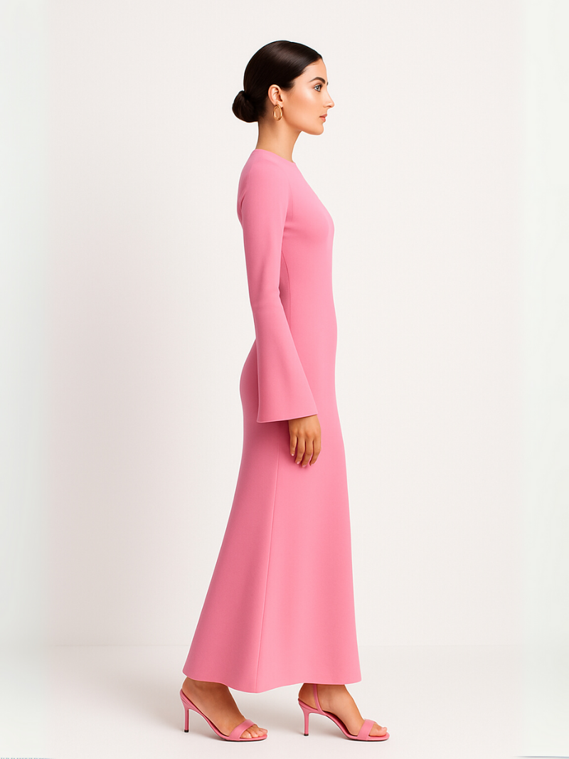 Aurora roze maxi jurk met lange mouwen en luxe uitstraling