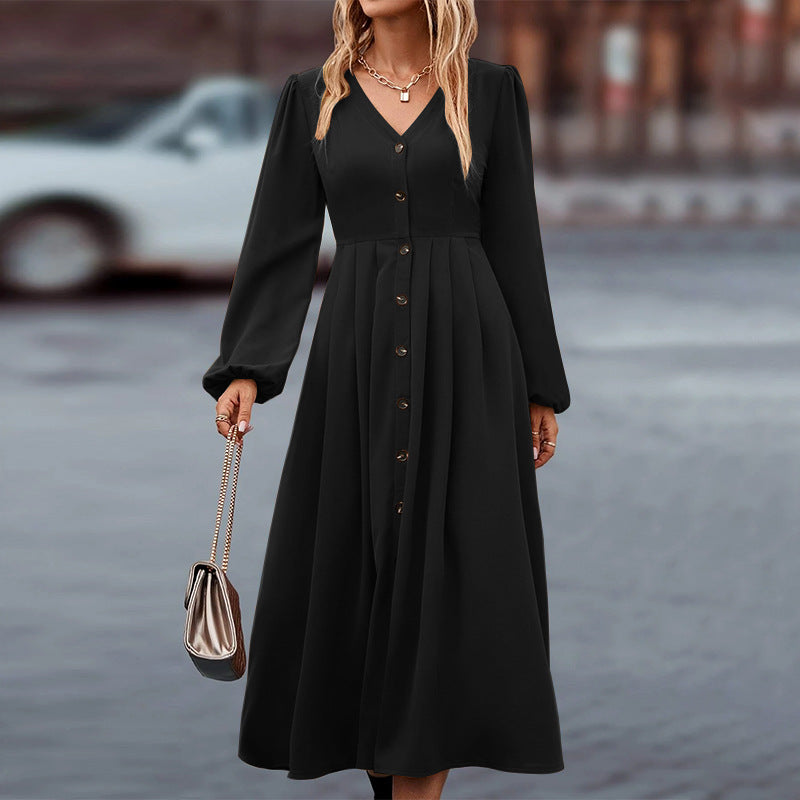 Elegante herfstjurk met lange mouwen en v-hals – Dames