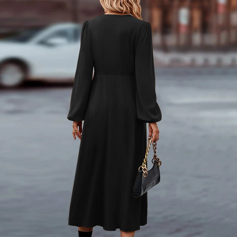 Elegante herfstjurk met lange mouwen en v-hals – Dames