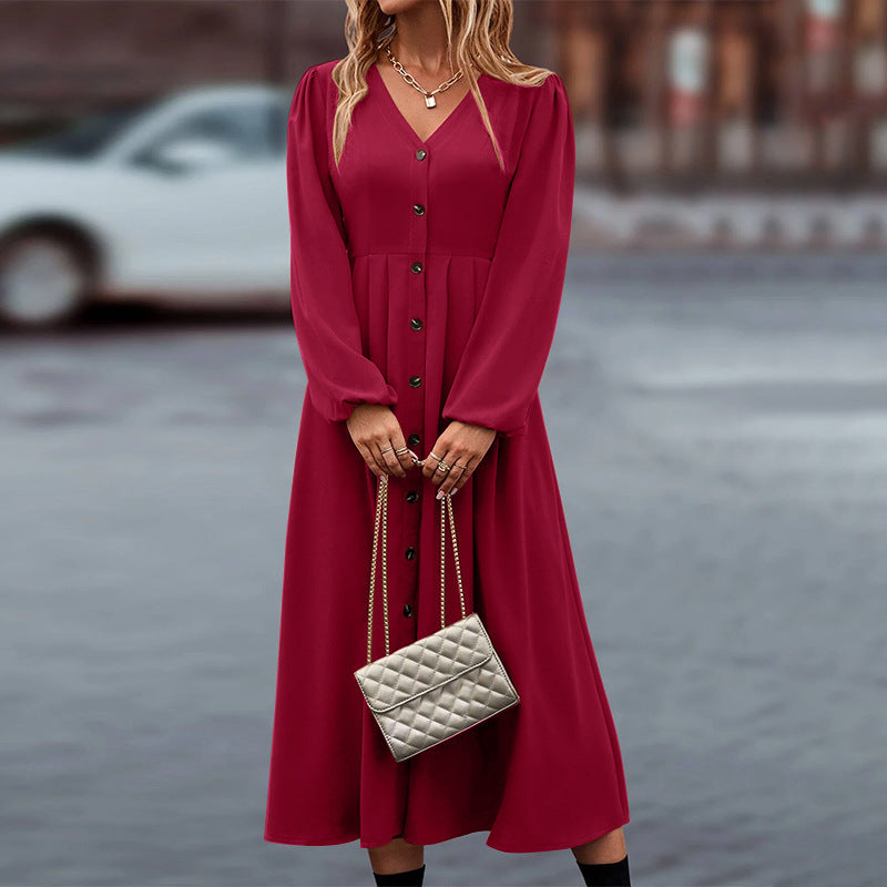 Elegante herfstjurk met lange mouwen en v-hals – Dames