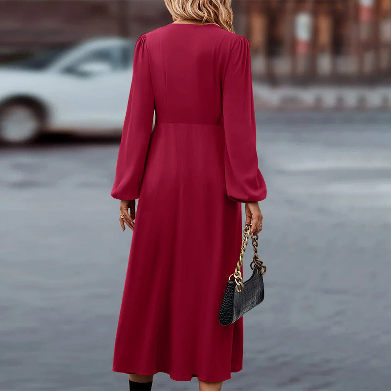 Elegante herfstjurk met lange mouwen en v-hals – Dames