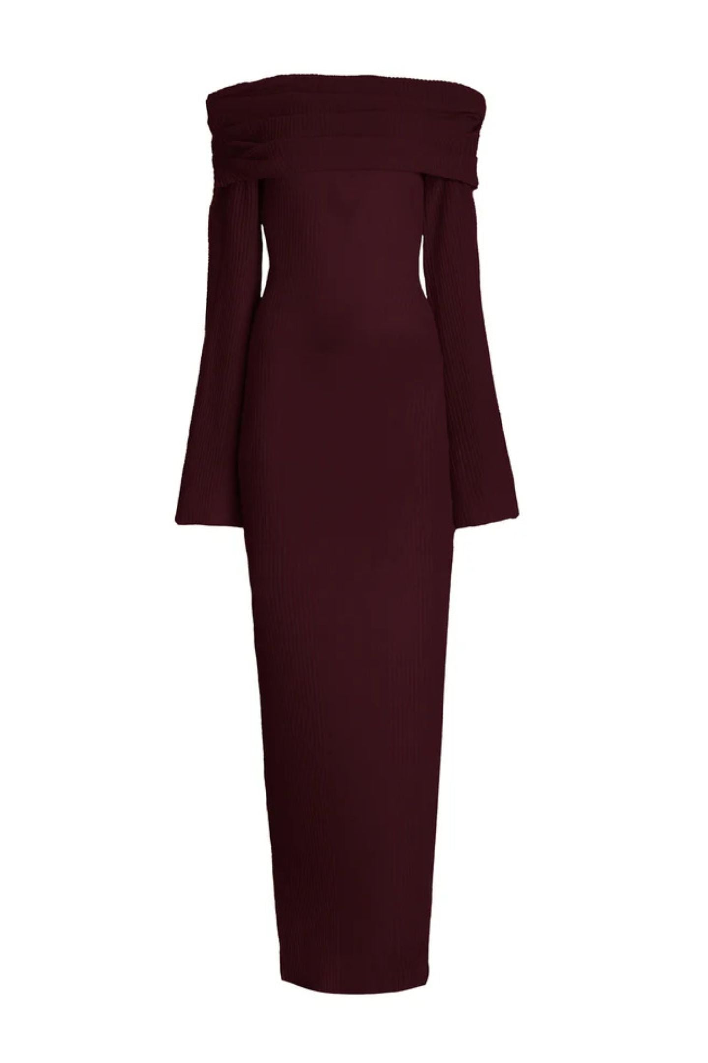 Marina off-shoulder maxi jurk in rode kleur met lange mouwen