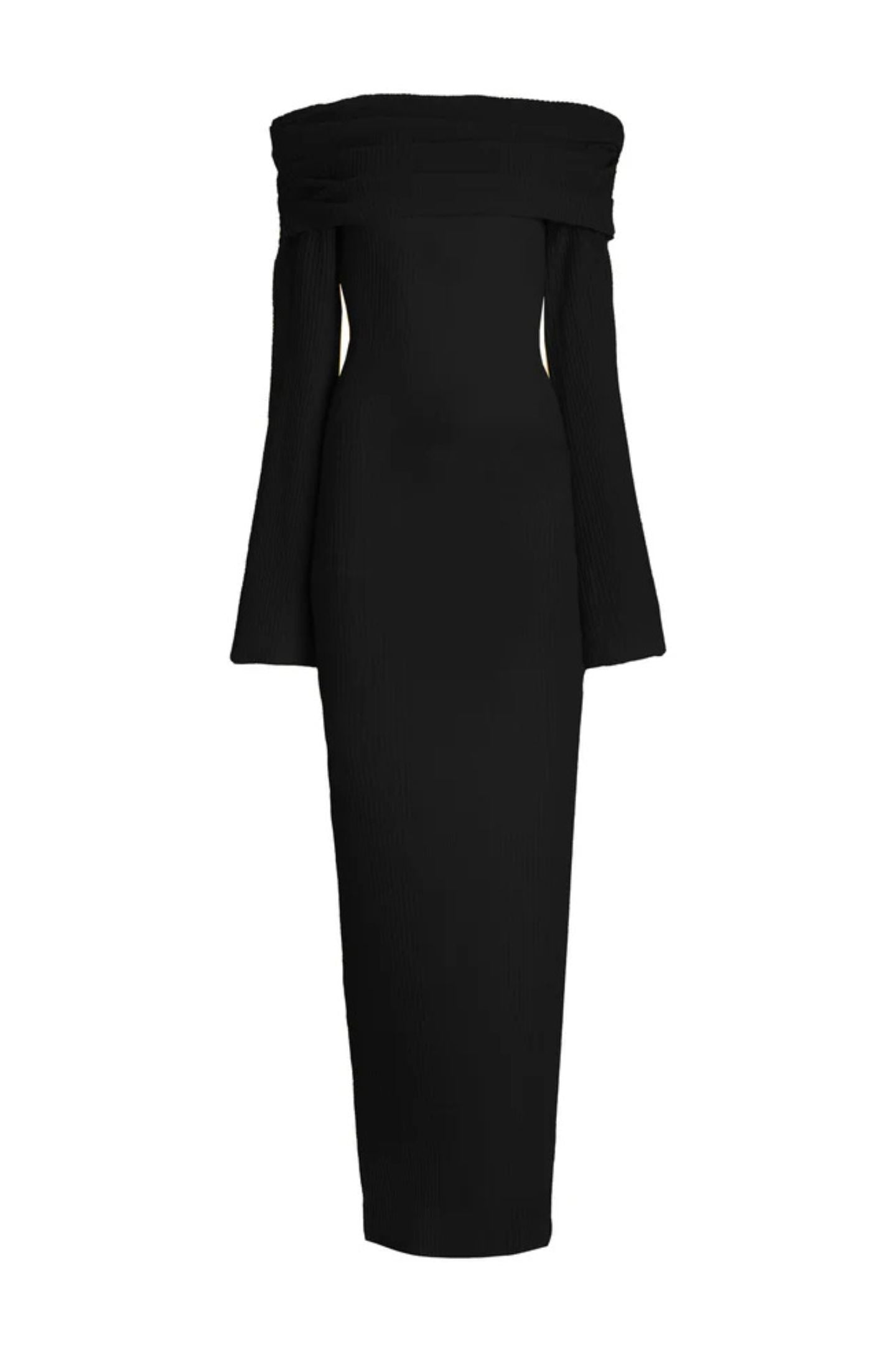 Vrouw draagt de Marina off-shoulder maxi jurk in zwarte kleur met lange mouwen