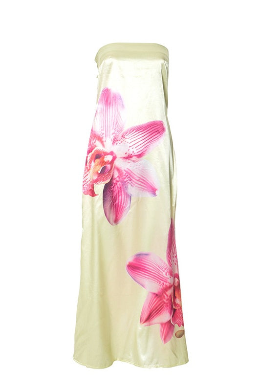 de Celeste strapless maxi jurk met orchideeprint