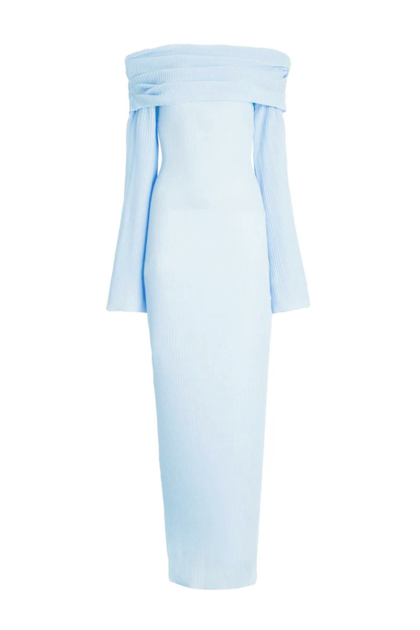 de Marina off-shoulder maxi jurk in blauwe kleur met lange mouwen