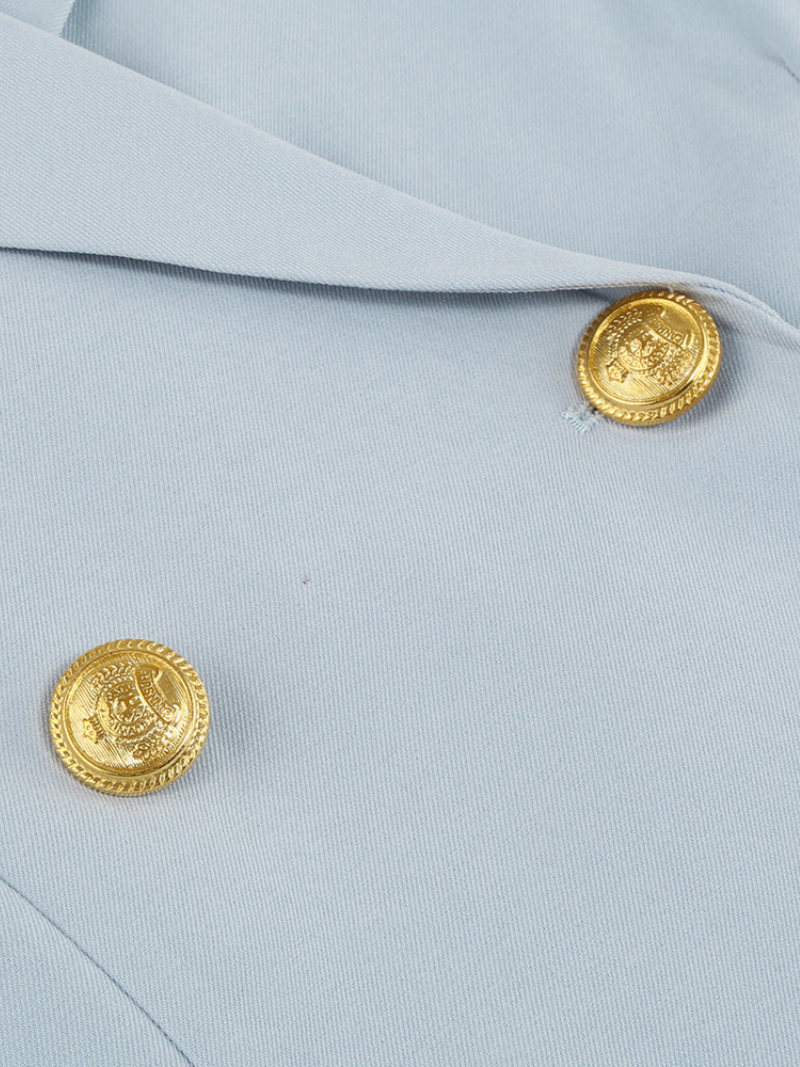 Sabine lichtblauwe cape blazer jurk met gouden knopen