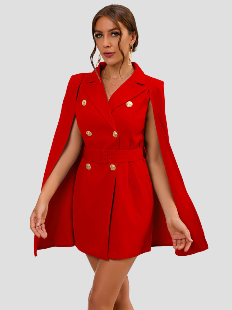 Sabine rode cape blazer jurk met gouden knopen