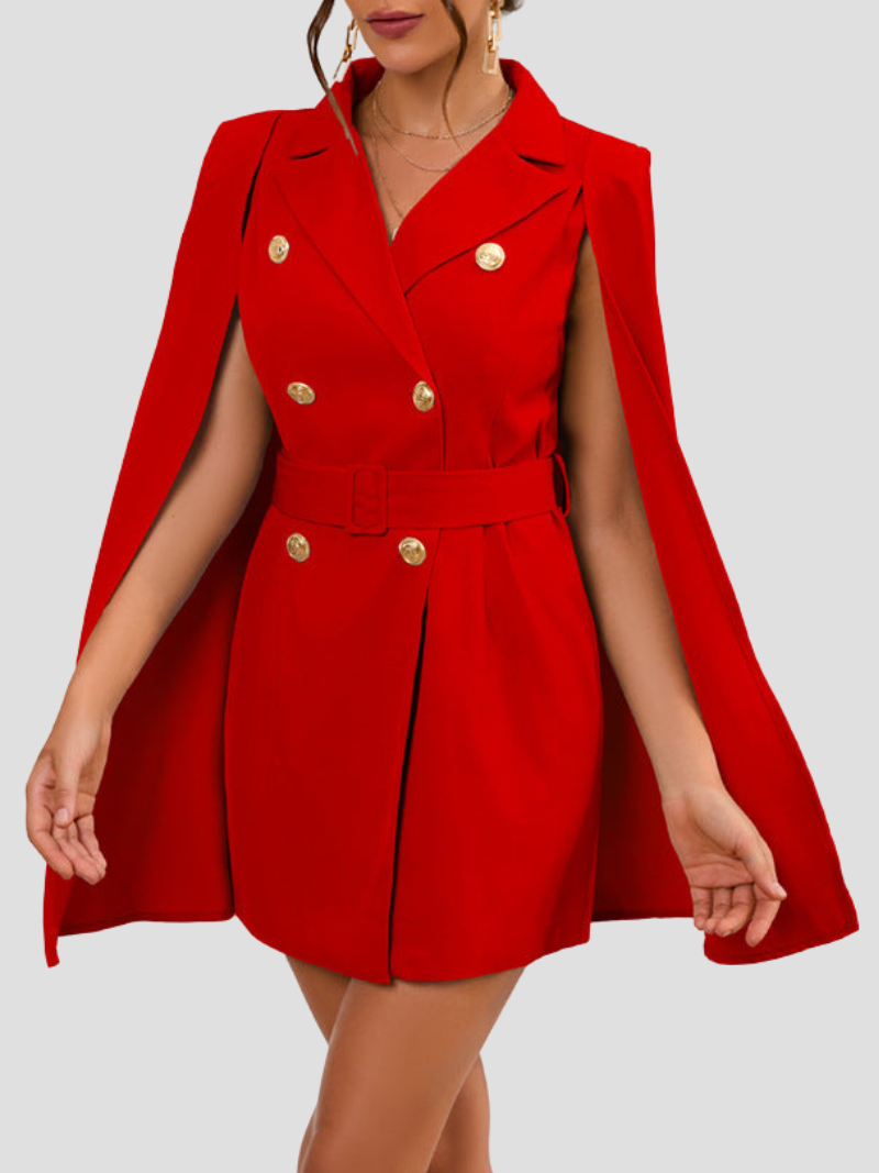 Sabine rode cape blazer jurk met gouden knopen