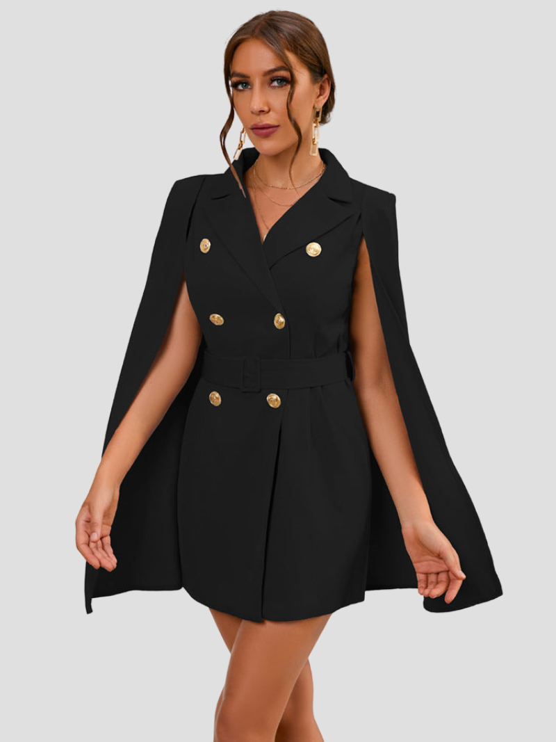 Sabine zwarte cape blazer jurk met gouden knopen