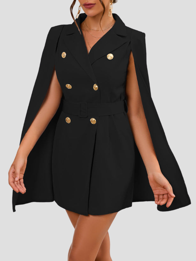 Sabine zwarte cape blazer jurk met gouden knopen
