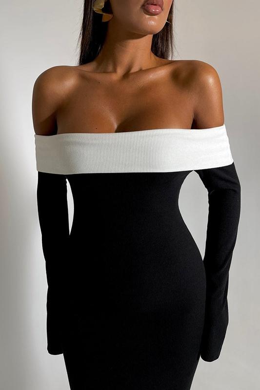 Zwarte off-shoulder maxi jurk met lange mouwen van elastische knit stof – elegante damesjurk voor gala, diner en formele gelegenheden.