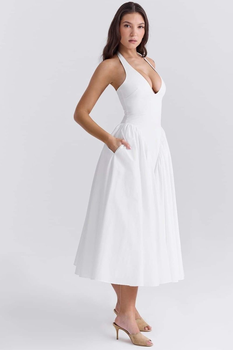 Witte halterneck midi jurk met A-lijn pasvorm en open rug – elegante damesjurk voor bruiloft, diner en chique gelegenheden
