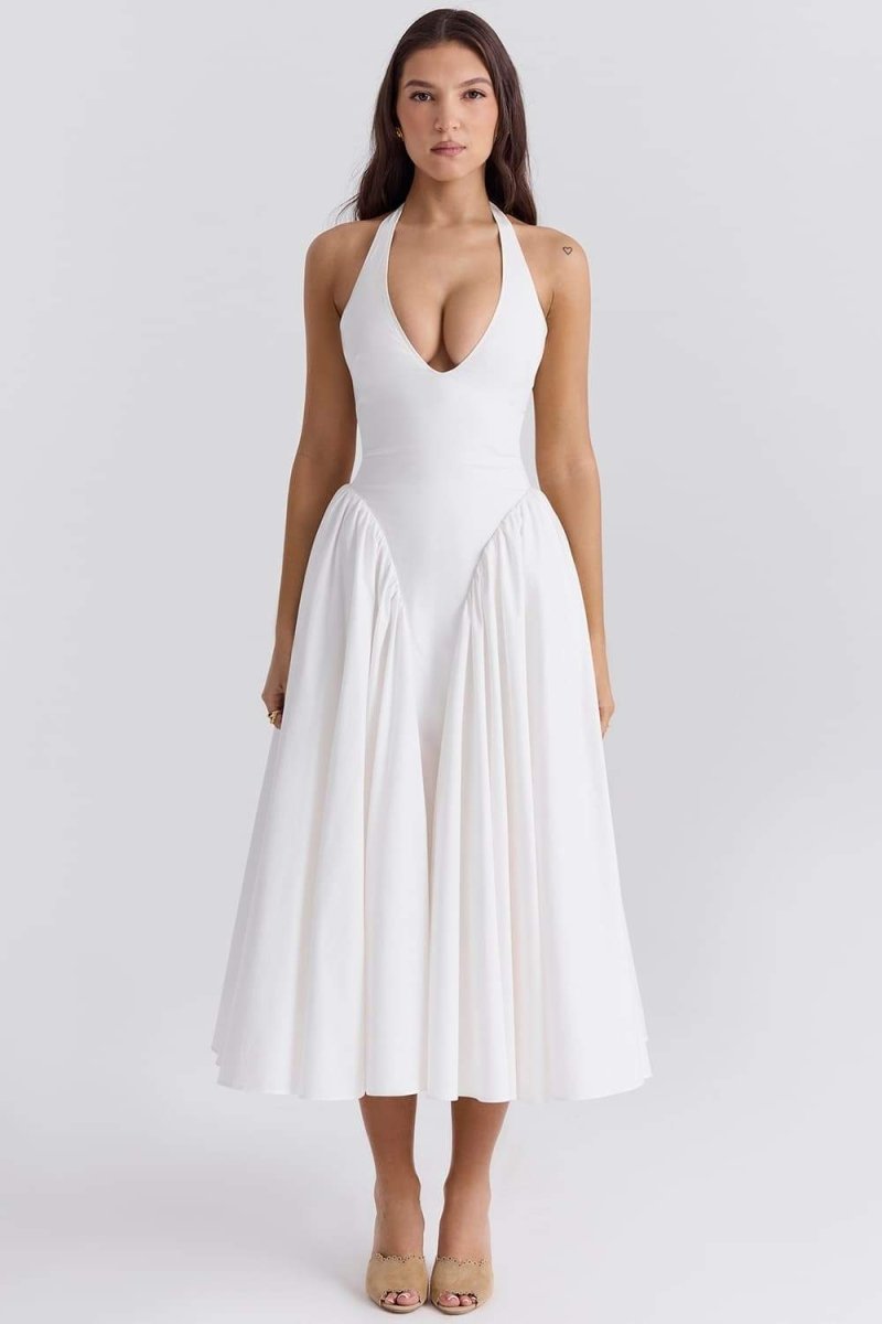 Witte halterneck midi jurk met A-lijn pasvorm en open rug – elegante damesjurk voor bruiloft, diner en chique gelegenheden