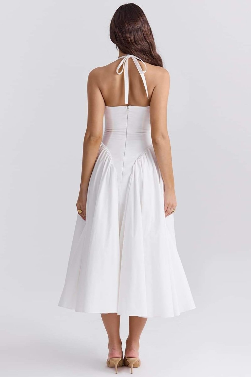 Witte halterneck midi jurk met A-lijn pasvorm en open rug – elegante damesjurk voor bruiloft, diner en chique gelegenheden