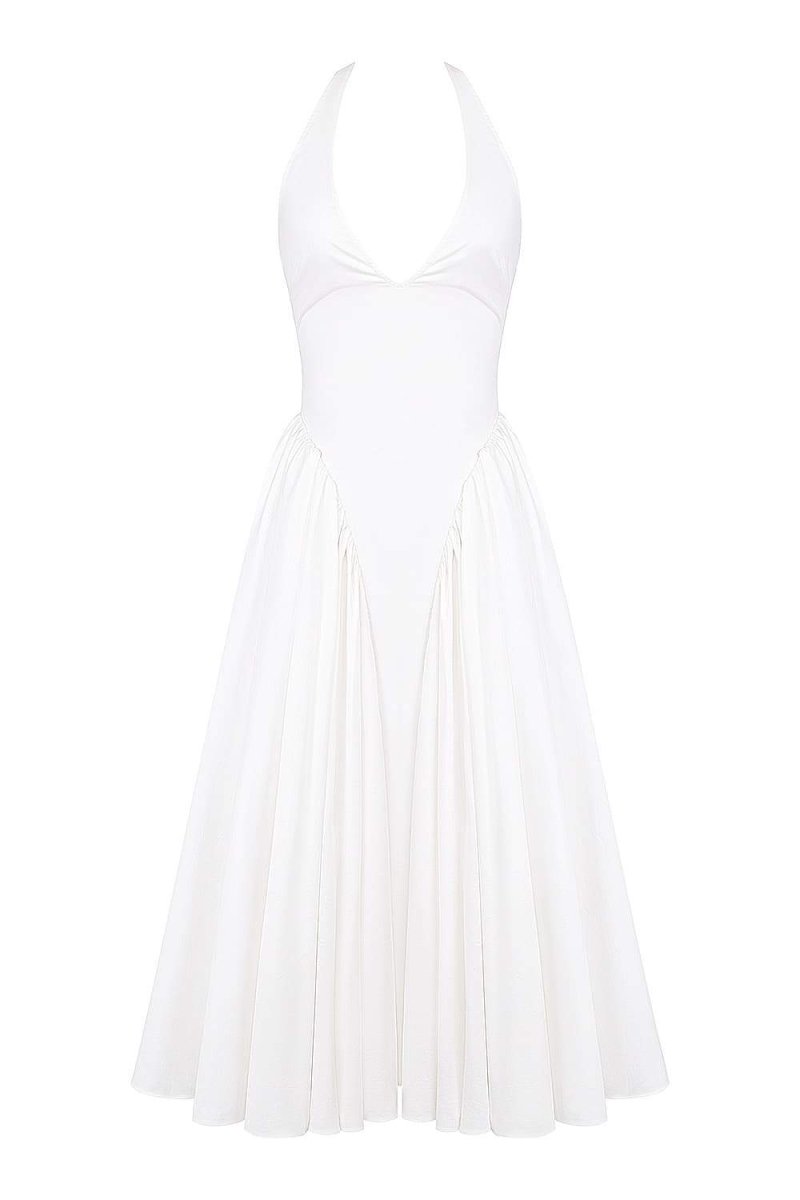 Witte halterneck midi jurk met A-lijn pasvorm en open rug – elegante damesjurk voor bruiloft, diner en chique gelegenheden