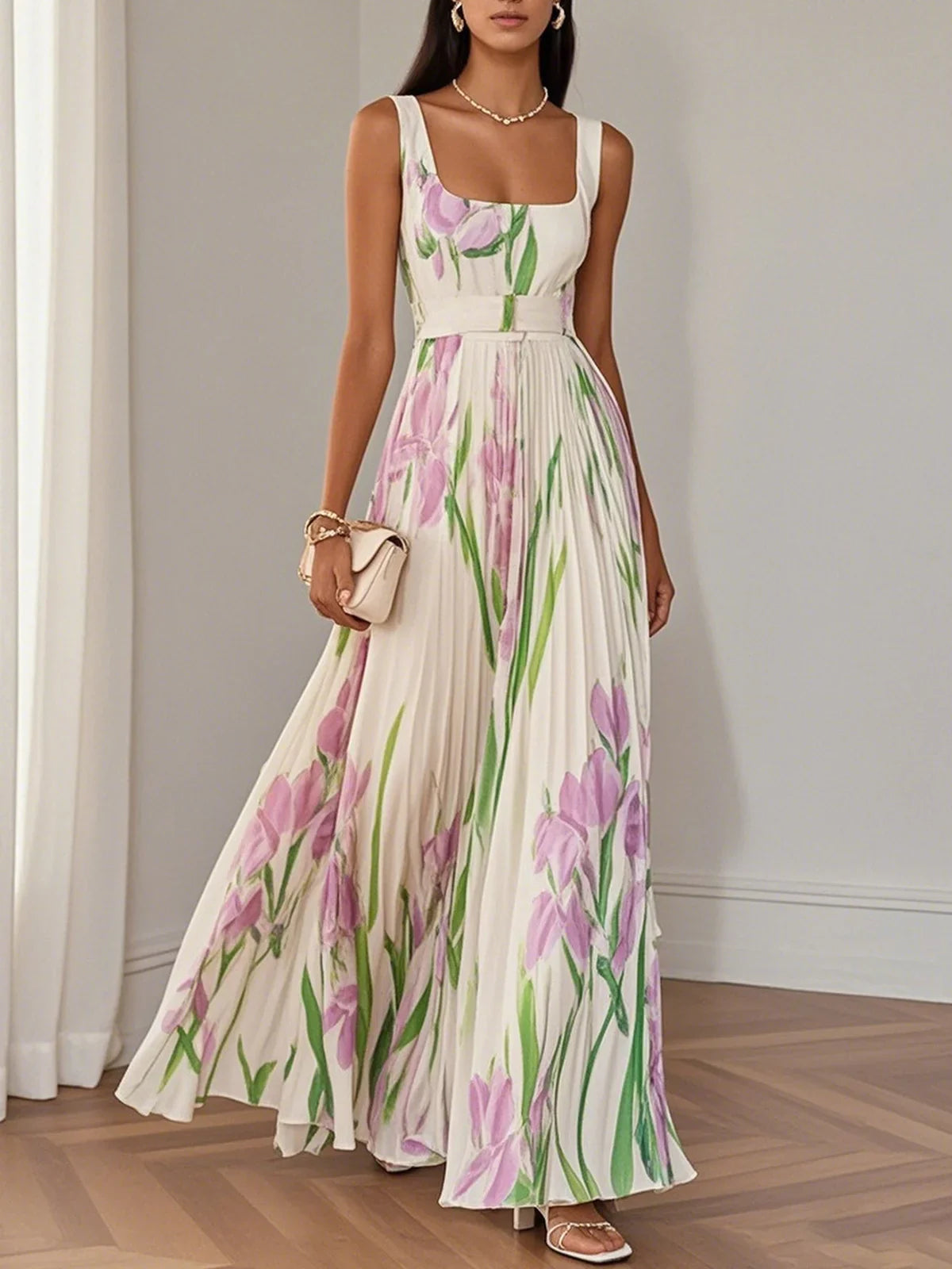 Isabella witte chiffon maxi jurk met bloemenprint en plissé rok