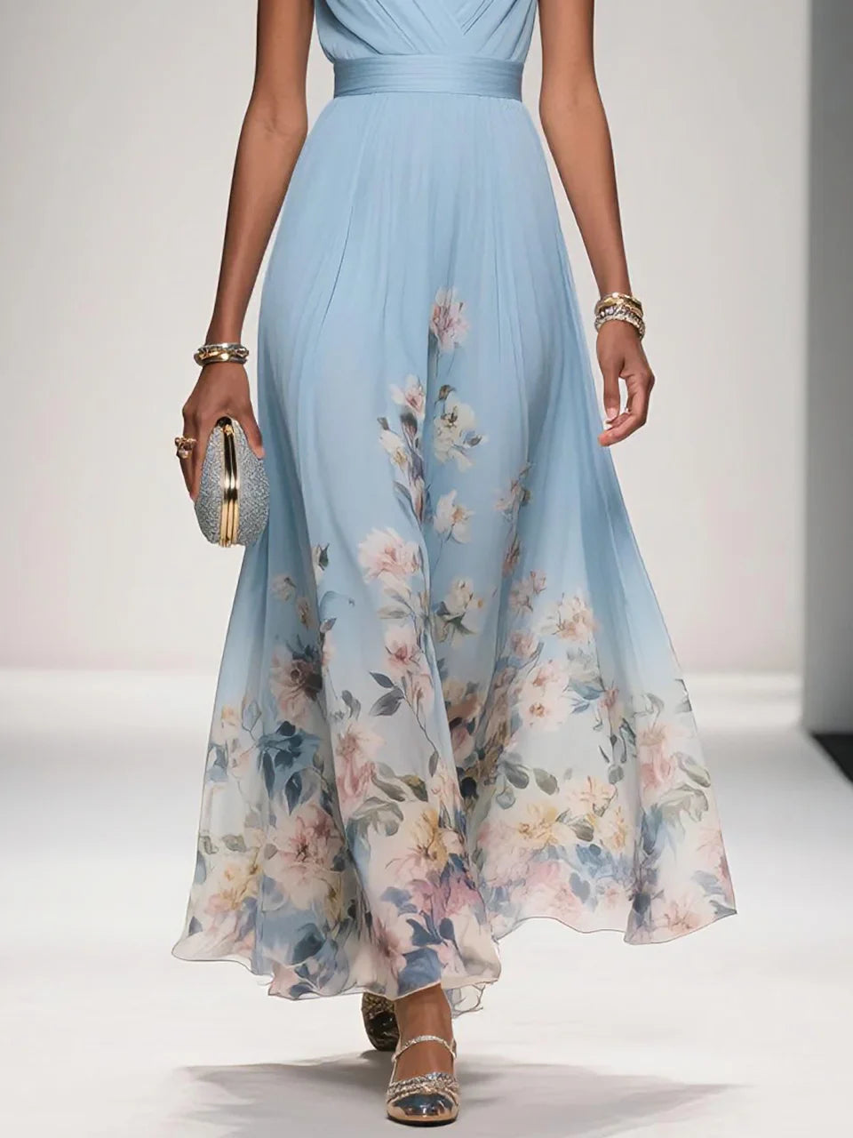 Fiona blauwe maxi jurk met romantische bloemenprint