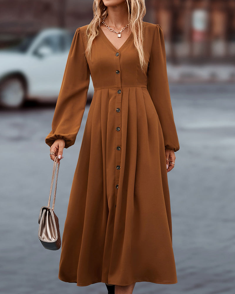 Elegante herfstjurk met lange mouwen en v-hals – Dames