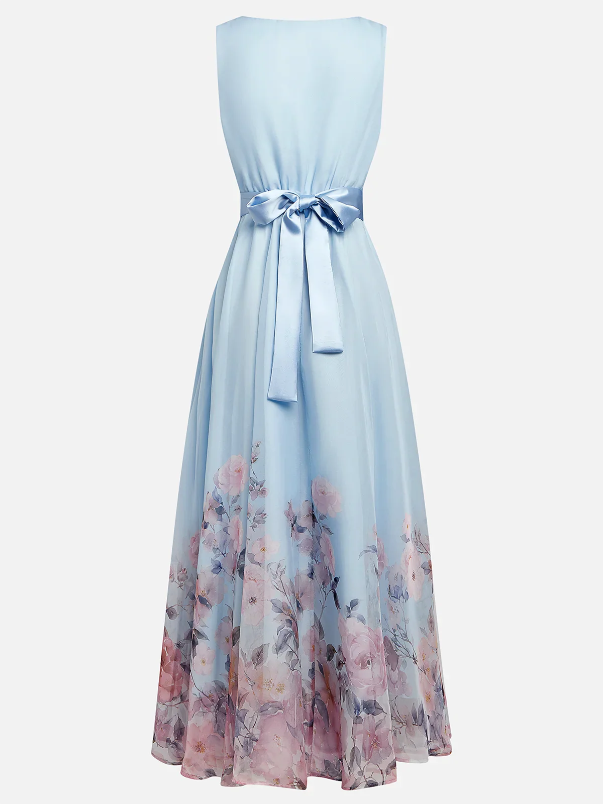 Fiona blauwe maxi jurk met romantische bloemenprint en strik
