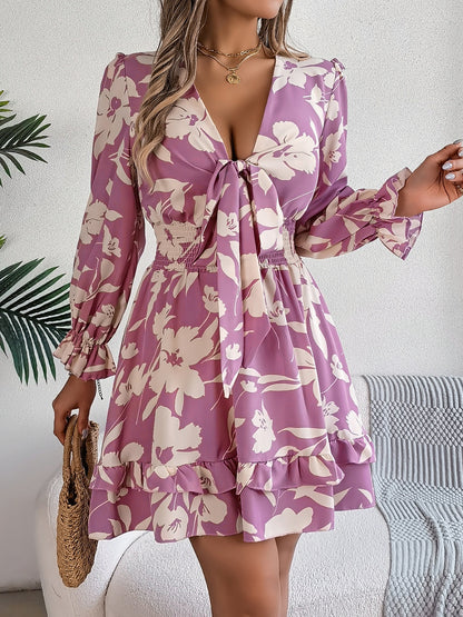 Roze mini jurk met bloemenprint, diepe V-hals met strik en elastische taille – elegante damesjurk voor diner, vakantie en avond uit
