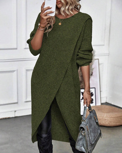 Groene gebreide overslag jurk met lange mouwen – Ivory & Silk herfstcollectie