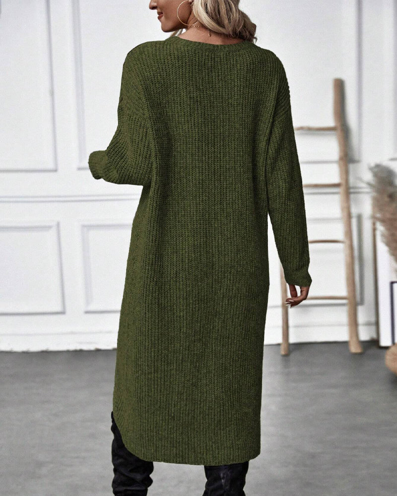 Groene gebreide overslag jurk met lange mouwen – Ivory & Silk herfstcollectie