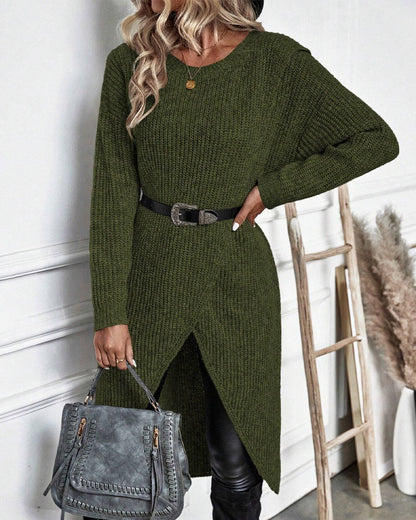Groene gebreide overslag jurk met lange mouwen – Ivory & Silk herfstcollectie
