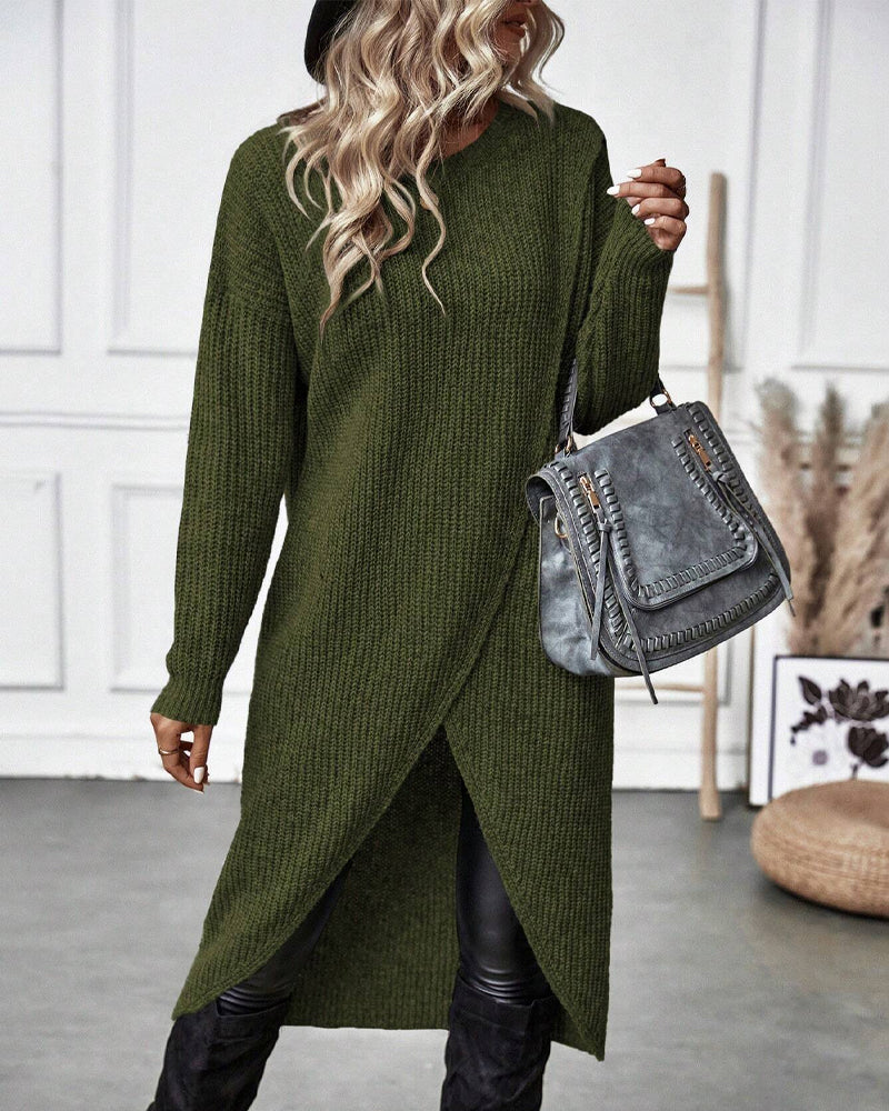 Groene gebreide overslag jurk met lange mouwen – Ivory & Silk herfstcollectie