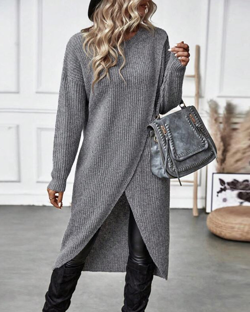 Grijze gebreide overslag jurk met lange mouwen – Ivory & Silk herfstcollectie