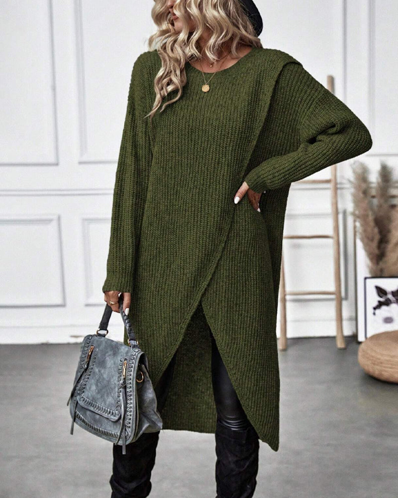 Groene gebreide overslag jurk met lange mouwen – Ivory & Silk herfstcollectie