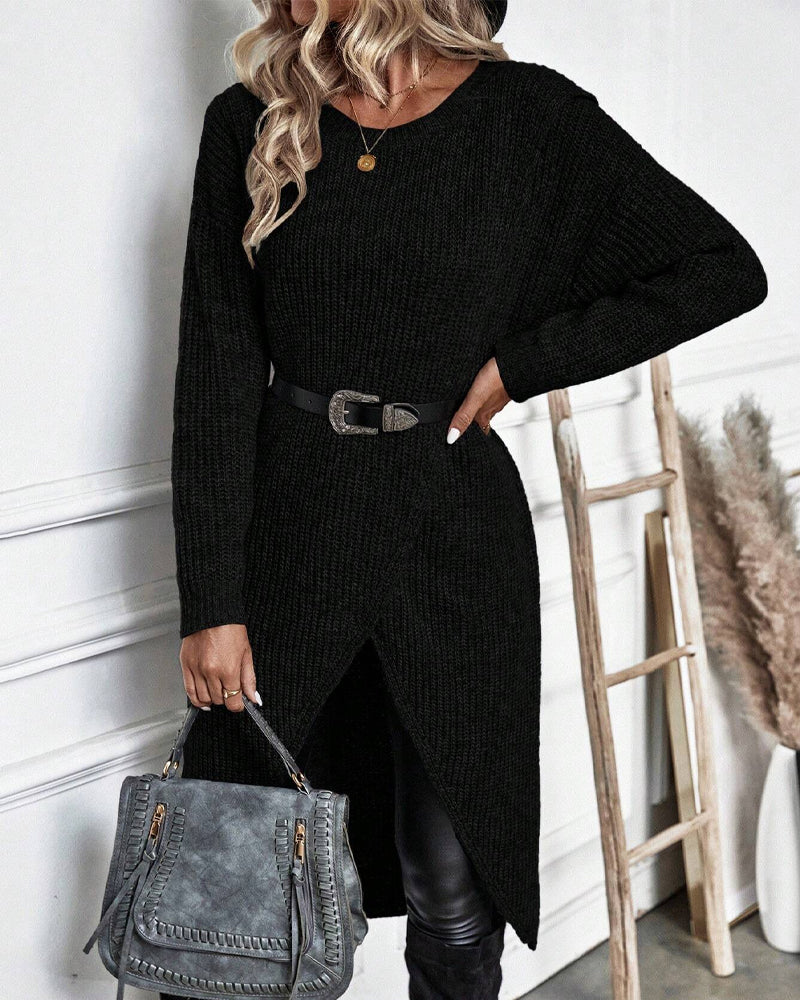 Zwartegebreide overslag jurk met lange mouwen – Ivory & Silk herfstcollectie