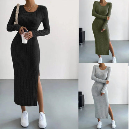 Zwarte gebreide bodycon midi jurk met split en lange mouwen
