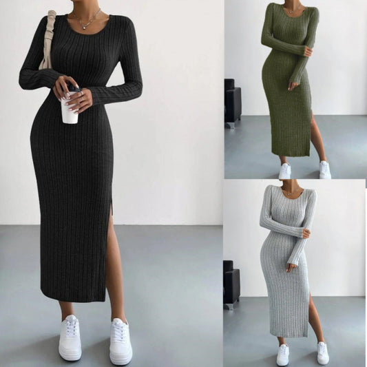 Zwarte gebreide bodycon midi jurk met split en lange mouwen