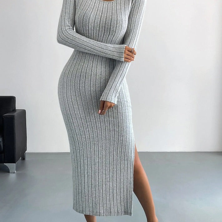 Grijze gebreide bodycon midi jurk met split en lange mouwen