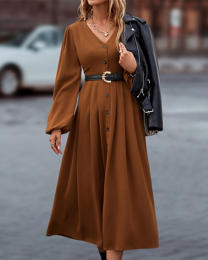 Elegante herfstjurk met lange mouwen en v-hals – Dames