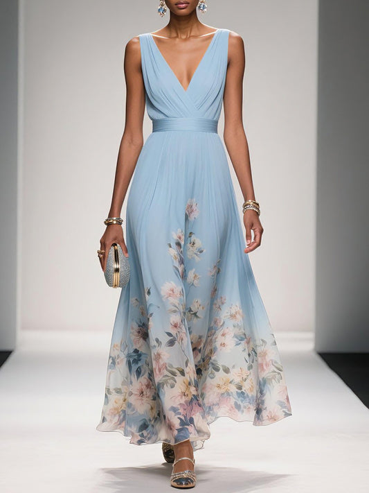 Fiona blauwe maxi jurk met romantische bloemenprint
