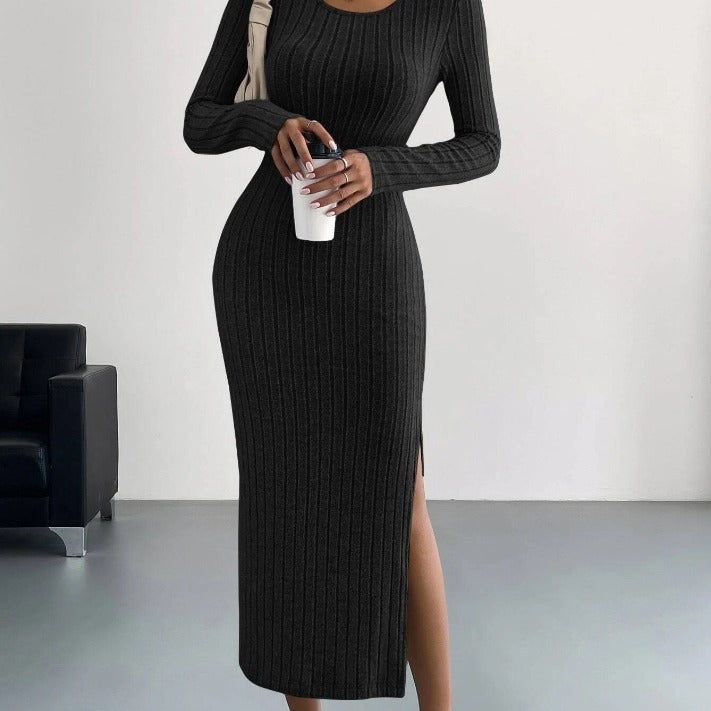 Zwarte gebreide bodycon midi jurk met split en lange mouwen