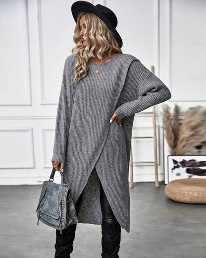 Grijze gebreide overslag jurk met lange mouwen – Ivory & Silk herfstcollectie