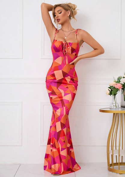 Taylor roze maxi jurk met bloemenprint en strikbandjes